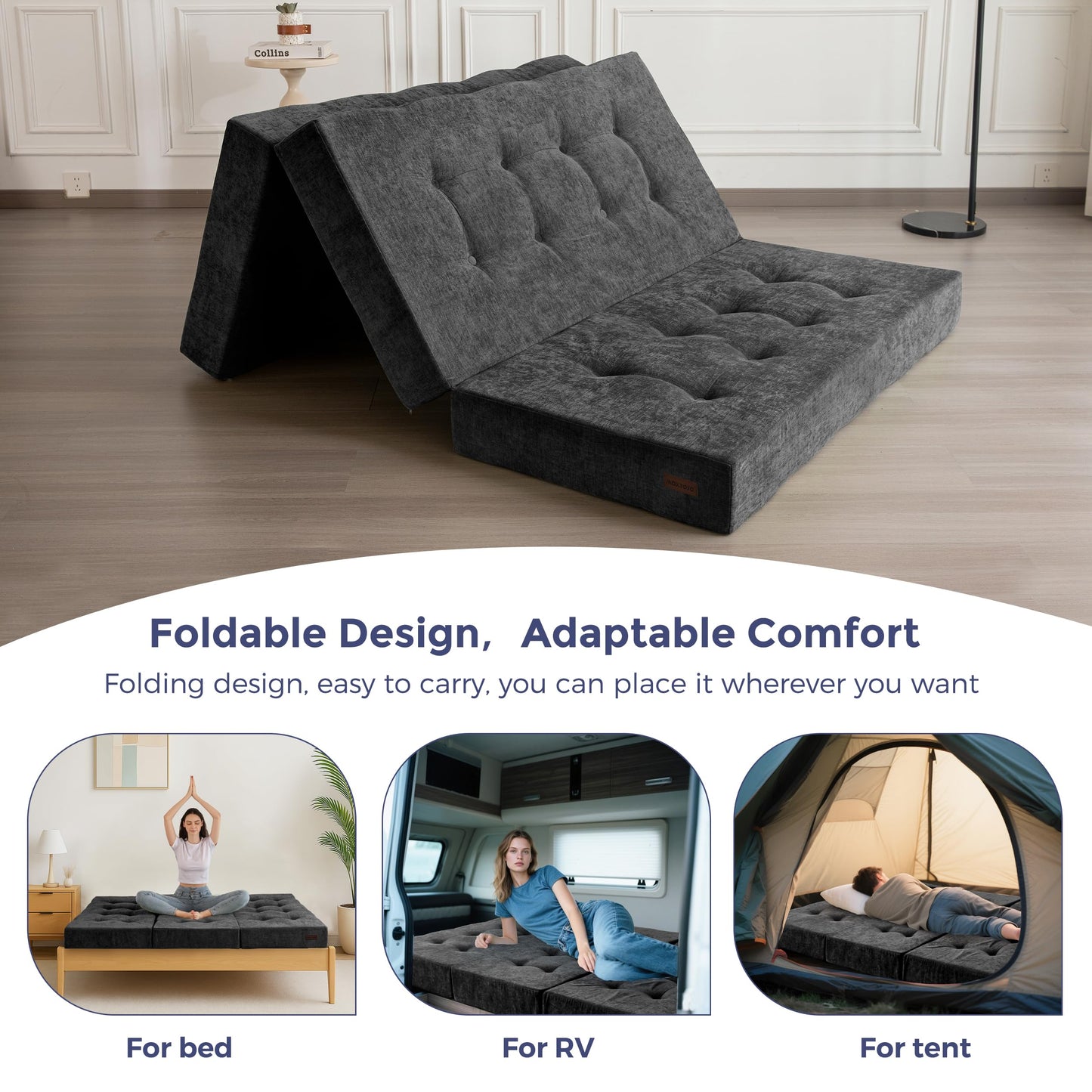 MAXYOYO 6" Folding Sofa Bed for Floor, Tufted Tri-Fold Floor Couch Bed with Chenille Fabric, Full Size Portable Sofa Couch Guest Mat for Adults, Foldable Topper for Camping, Dark Grey, 53"x75"