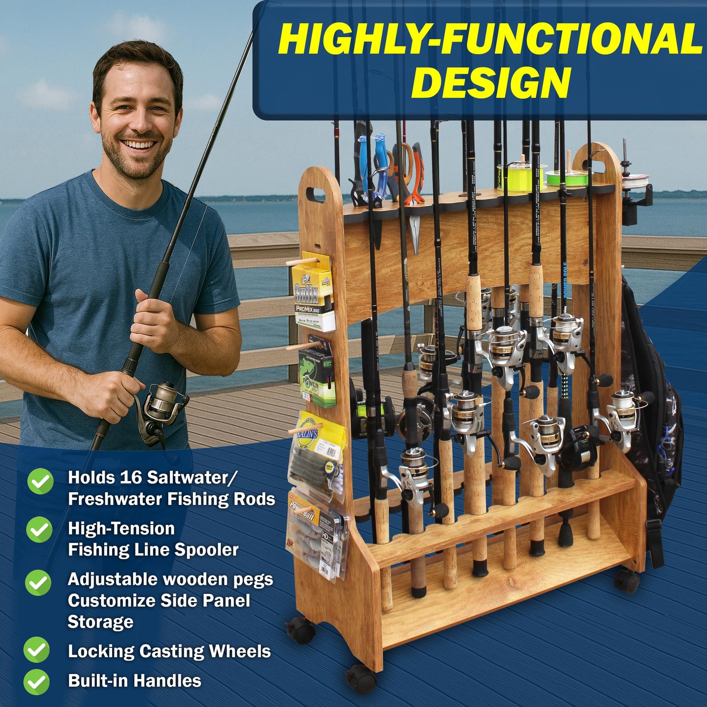 Rush Creek Creations 16-Rod Rolling Fishing Rod Rack with Line Spooler – Tackle Storage, Tool Holder, Lure & Line Organizer, Accessory Pegs – Portable Gear Station for Anglers