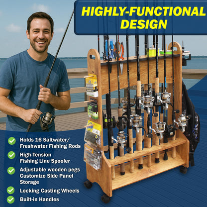 Rush Creek Creations 16-Rod Rolling Fishing Rod Rack with Line Spooler – Tackle Storage, Tool Holder, Lure & Line Organizer, Accessory Pegs – Portable Gear Station for Anglers