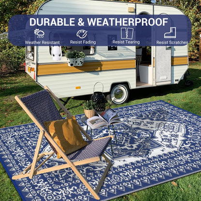GarveeHome Large Outdoor Rug 9x18 Waterproof Reversible Mat Palm Retro Oriental Camping Rugs Indoor Outdoor Rugs Carpet Plastic Straw Rug for Patio Deck Balcony Pool RV Camping, Dark Blue and White
