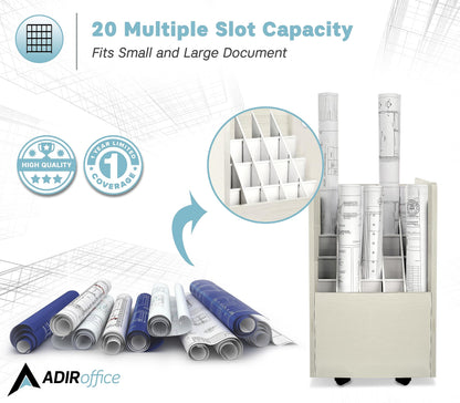AdirOffice Adir Blue Print Storage Organizer - Mobile Roll File Cart, Construction Plan Holders, Blueprint Cabinet with Wheels, Roll Files Storage for Office and Home (20 Slots, White)