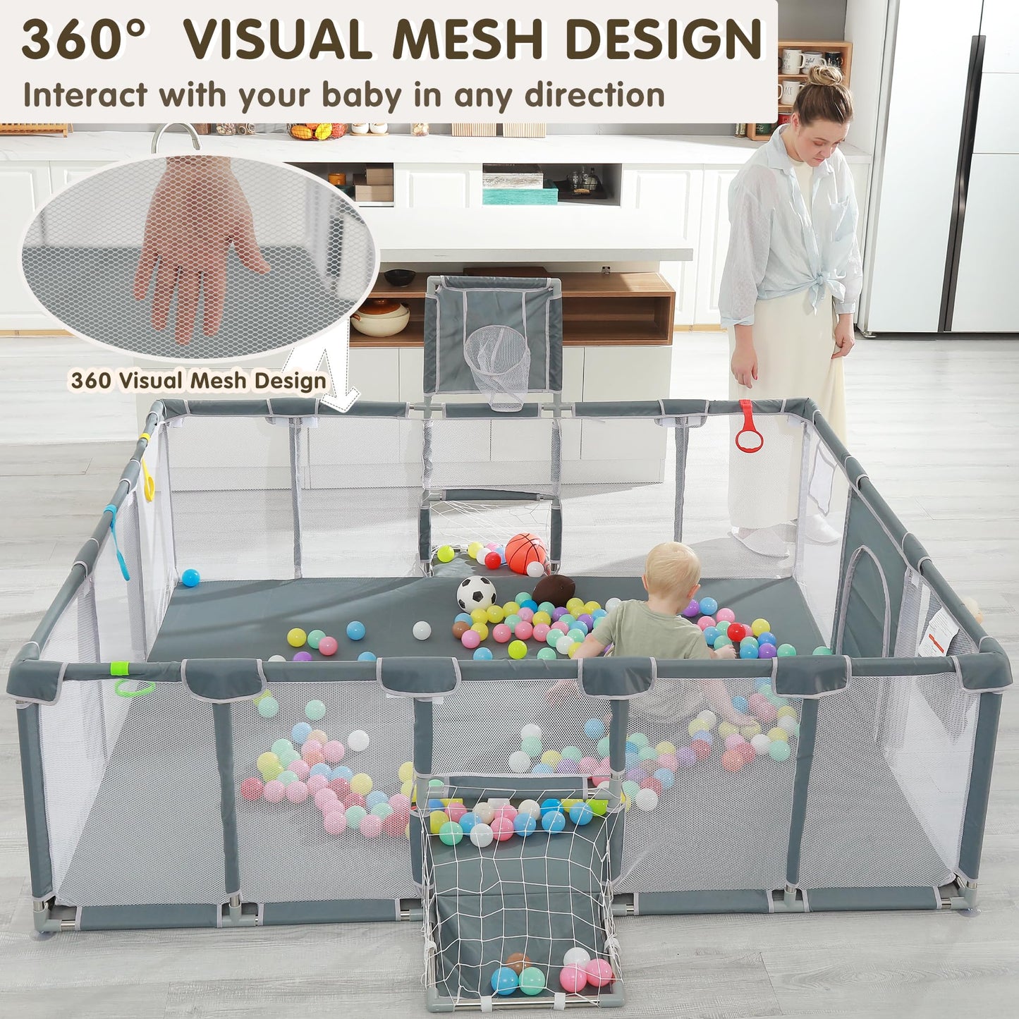 XNWQL Baby Playpen, 79"x71" Indoor ＆ Outdoor Playpen with Breathable Play Pen with Ocean Balls Hanging Pocket Basketball Hoop and Football Goal