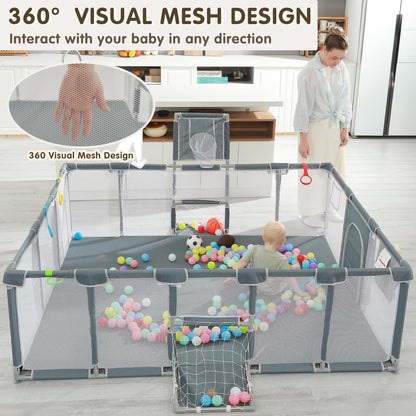 XNWQL Baby Playpen, 79"x71" Indoor ＆ Outdoor Playpen with Breathable Play Pen with Ocean Balls Hanging Pocket Basketball Hoop and Football Goal