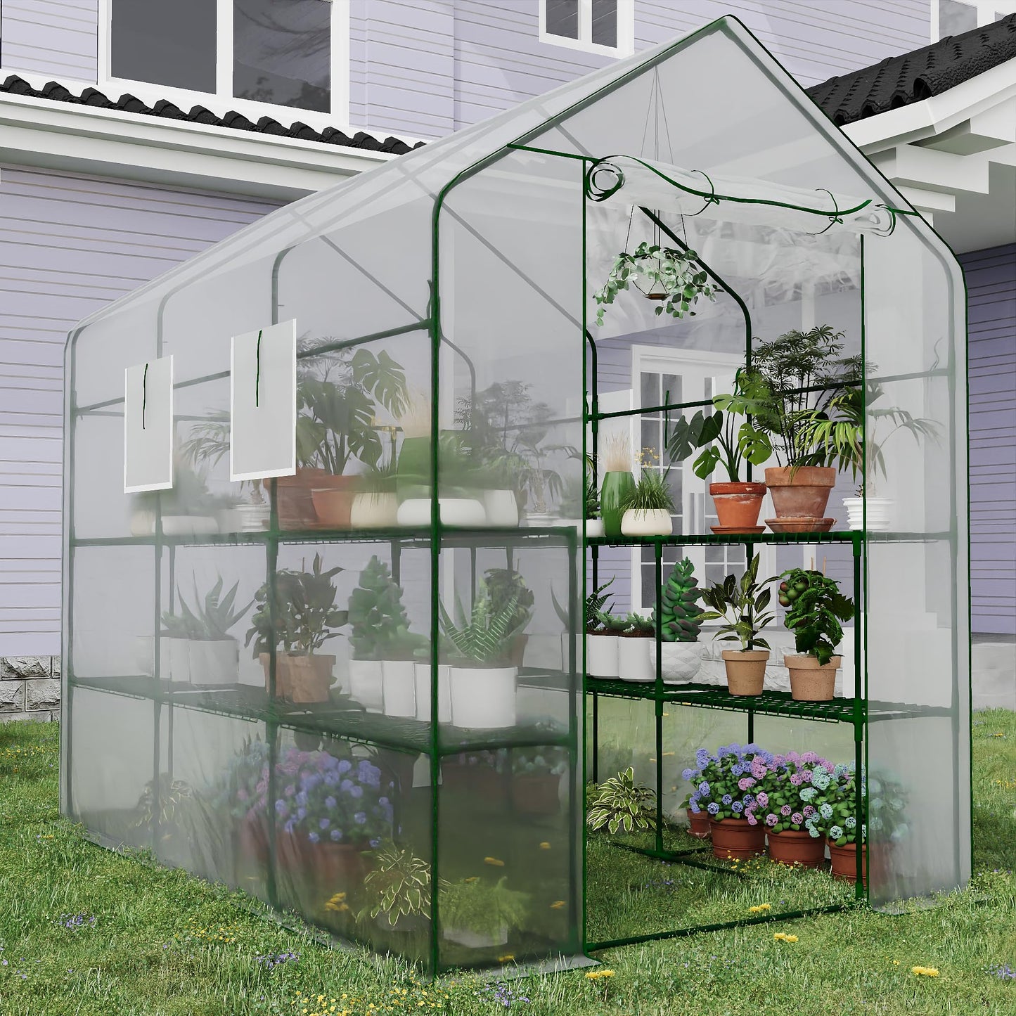 Greenhouse, 57 x 85 x 77'' Greenhouses for Outdoors, with Mesh Side Windows, PE Cover, 8 Shelves, Heavy Duty Walk in Green House for Backyard Garden Indoor, White& Green Outside