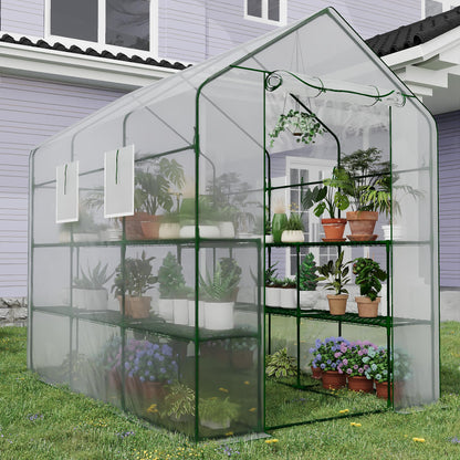 Greenhouse, 57 x 85 x 77'' Greenhouses for Outdoors, with Mesh Side Windows, PE Cover, 8 Shelves, Heavy Duty Walk in Green House for Backyard Garden Indoor, White& Green Outside