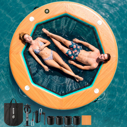 SLOOSH 8FT Inflatable Water Hammock Floating Dock, Sunchill Float Ring with Wood Grain & Mesh Design, Round Floating Dock Platform with Removable Cup Holders for Lake, River, or Boat Party
