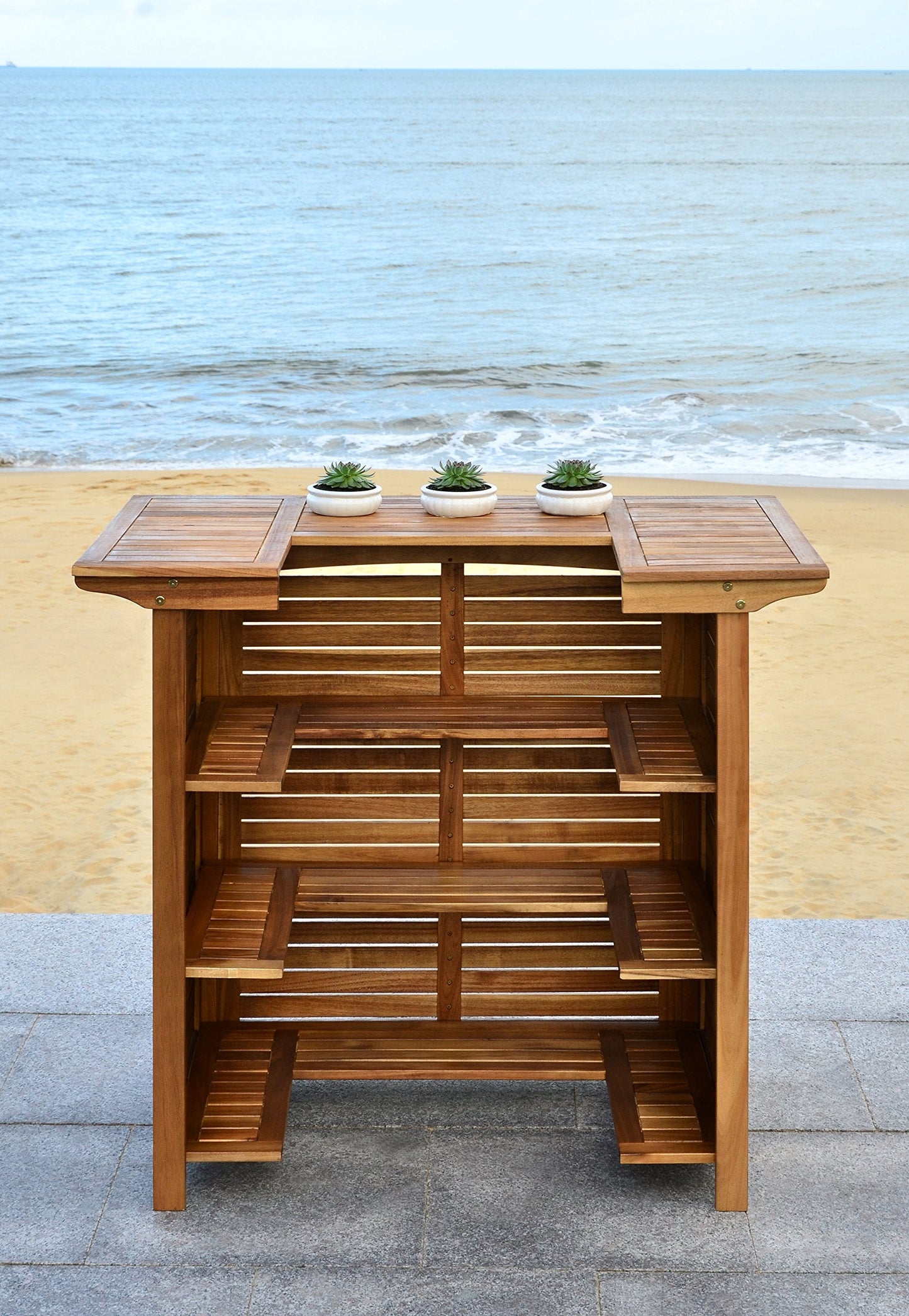 SAFAVIEH Outdoor - Monterey Natural Brown Acacia Wood Bar Table, Slatted Outdoor Bar Table with Storage Shelves, Patio Entertaining Station (PAT7011A)