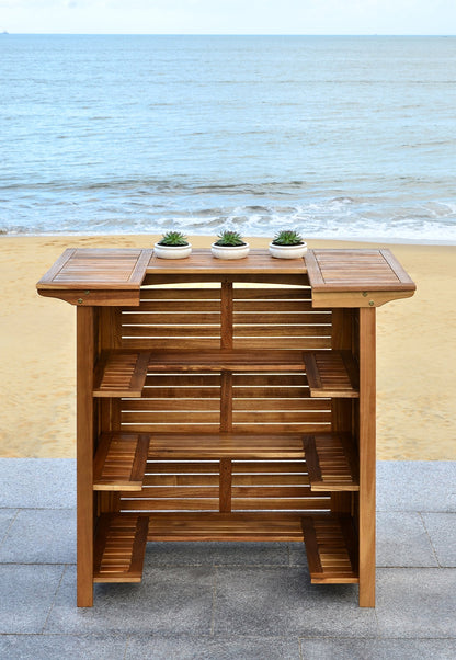 SAFAVIEH Outdoor - Monterey Natural Brown Acacia Wood Bar Table, Slatted Outdoor Bar Table with Storage Shelves, Patio Entertaining Station (PAT7011A)