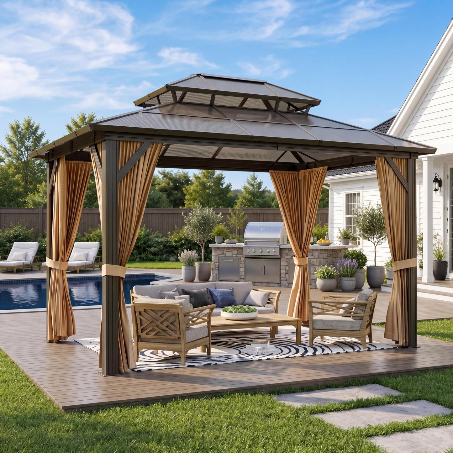 GAOMON 10'x12' Hardtop Gazebo, Outdoor Polycarbonate Double Roof Canopy, Aluminum Frame Permanent Pavilion with Curtains and Netting, Sunshade for Garden, Patio, Lawns (10x12ft)