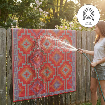 Fab Habitat Outdoor Rug - Waterproof, Fade Resistant, Crease-Free - Premium Recycled Plastic - Vintage Boho Kilim - Large Patio, Deck, Sunroom, Camping, RV - Lhasa - Orange & Violet - 6 x 9 ft