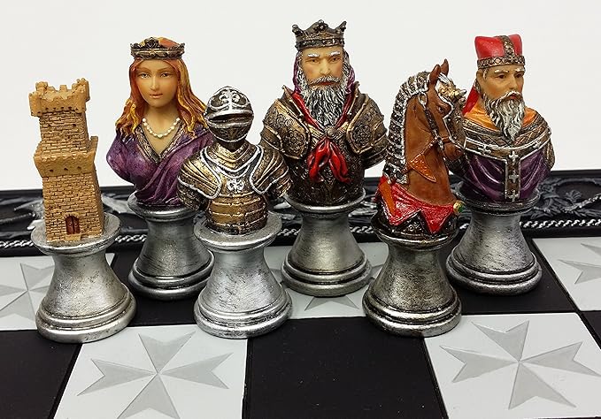 HPL Medieval Times Crusades Color Painted Busts Knights Chess Set with 17 Maltese Board