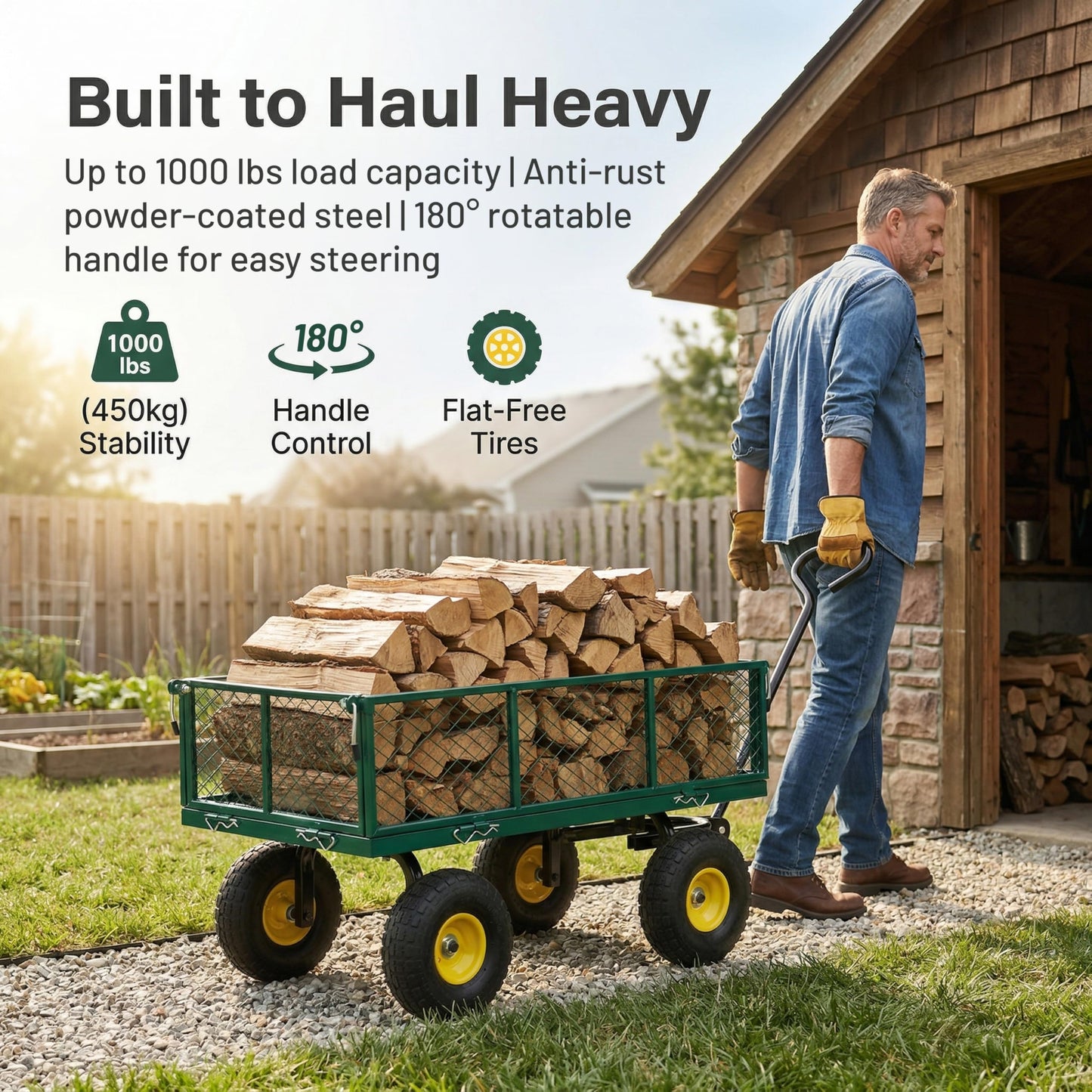 Finnhomy Heavy Duty 1000 Lbs Capacity Mesh Steel Garden Cart, Pullable Garden Wagons Carts on Wheels, Folding Utility Wagon with Removable Sides for Outdoor, Yard, Lawn, Green