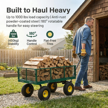 Finnhomy Heavy Duty 1000 Lbs Capacity Mesh Steel Garden Cart, Pullable Garden Wagons Carts on Wheels, Folding Utility Wagon with Removable Sides for Outdoor, Yard, Lawn, Green