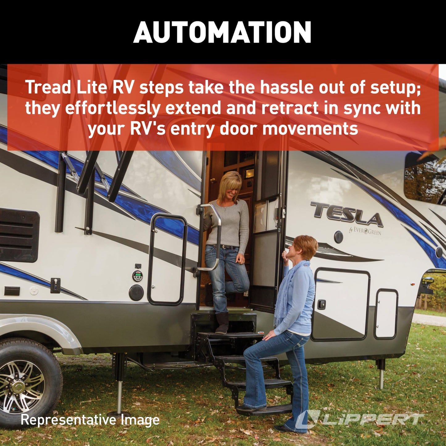 Lippert Components 353542 24" Single Treadlite Power RV Step with Switch and Harness , Black
