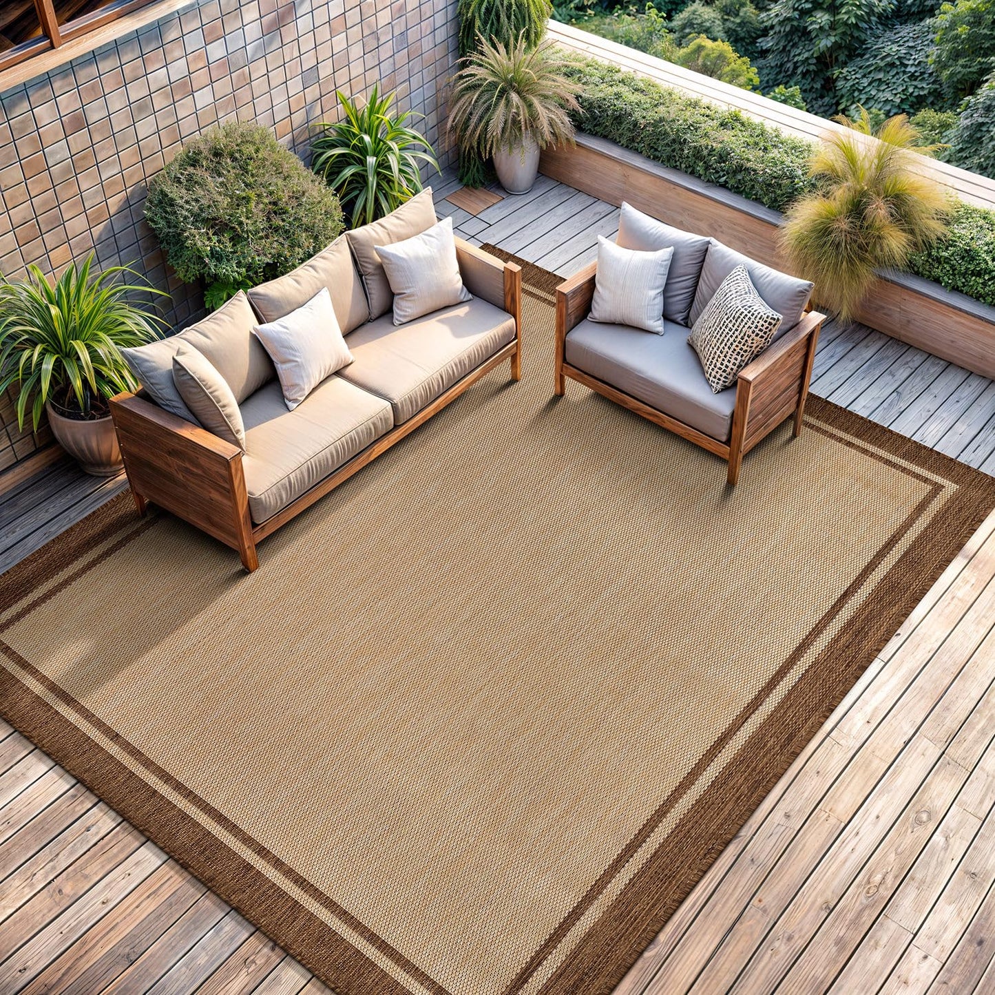 CAMILSON Outdoor Rug 8x10 Bordered Natural Brown Modern Area Rugs for Indoor and Outdoor Patios, Kitchen and Hallway Mats, Washable Porch Deck Outside Carpet (Border Jute, 8 x 10)