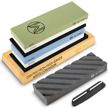 Mt Diablo Knife Sharpener Stone Kit for Chefs & Woodworkers: Dual-Grit Whetstones 400/1000 & 3000/8000, Premium White Corundum, Knife Sharpening Kit with Bamboo Base & Angle Guide, Flattening Stone