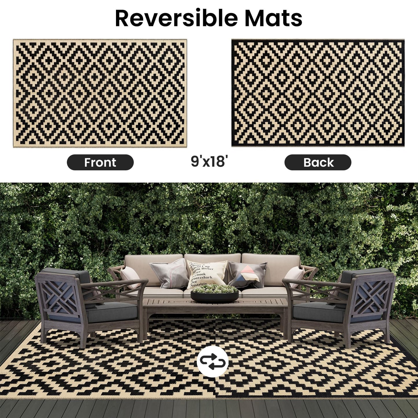 Smiry Waterproof Outdoor Rug 9X18 ft, Reversible Plastic Straw Patio Camping Rugs, Outdoor Indoor RV Mat Carpet for Patio, Outside Entry, Backyard, Deck, Bench, Picnic, Camper, Black & Beige