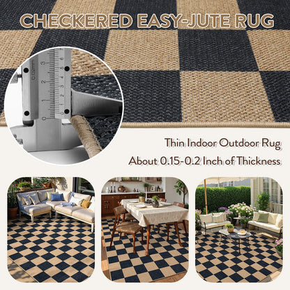 Lahome Colette Checkered Easy Jute Carpet, Washable Area Rug 6x9 Neutral Outdoor Patio Rug, Farmhouse Checkerboard Non Slip Non Shedding Floor Carpet for Dining Living Room Deck Sunroom