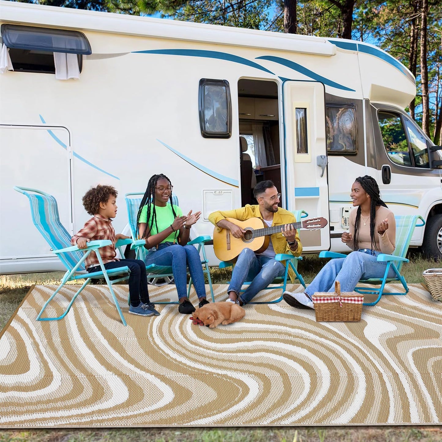 MilleLoom 10x20 Large Outdoor Patio Rug Modern Abstarct Plastic Straw Outdoor Rugs Waterproof Foldable UV Resistant Camping Reversible Mats for Deck, Camper, Balcony, Beach, Rv，Brown/Coffee/White