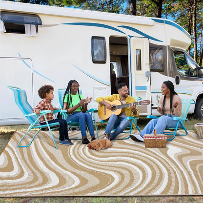 MilleLoom 10x20 Large Outdoor Patio Rug Modern Abstarct Plastic Straw Outdoor Rugs Waterproof Foldable UV Resistant Camping Reversible Mats for Deck, Camper, Balcony, Beach, Rv，Brown/Coffee/White