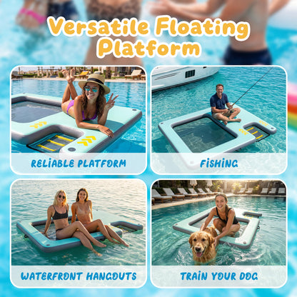 Inflatable Floating Dock with Dog Ramp, Large Floating Island Platform for Adults and Pets, Mesh Water Hammock with Non-Slip Steps, Heavy-Duty Floating Dock for Lake, Pool, River and Ocean
