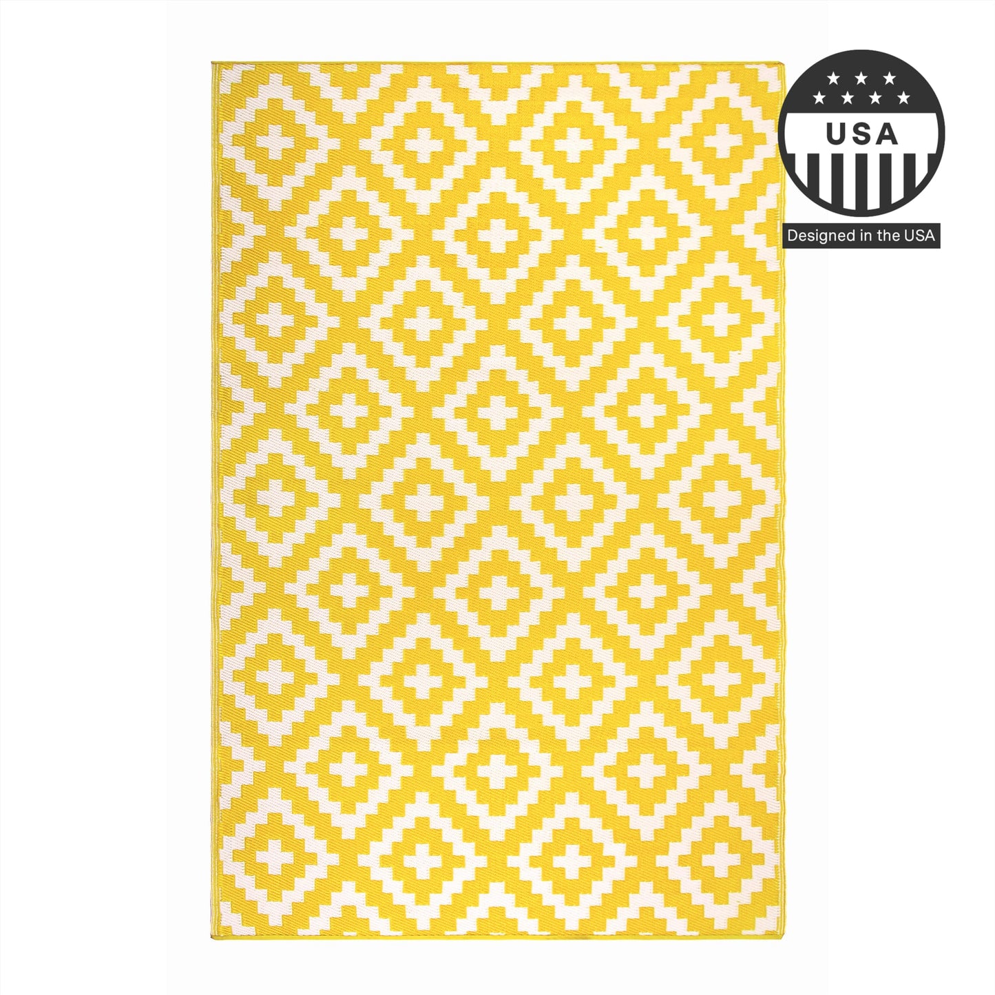 FH Home Outdoor Camping Rug - Waterproof, Fade Resistant, Reversible - Premium Recycled Plastic - Geometric - Large Patio, Deck, Sunroom, RV - Aztec - Yellow & White - 9 x 18 ft Foldable