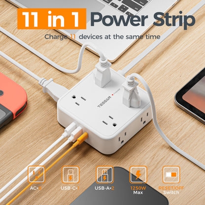 TESSAN Surge Protector Power Strip, 5 Ft Flat Plug Extension Cord with 3 USB (1 USB C) 8 Outlets, 900J Surge Protection, 3 Sided Outlet Extender with Power Switch for Office, Dorm Room Essentials