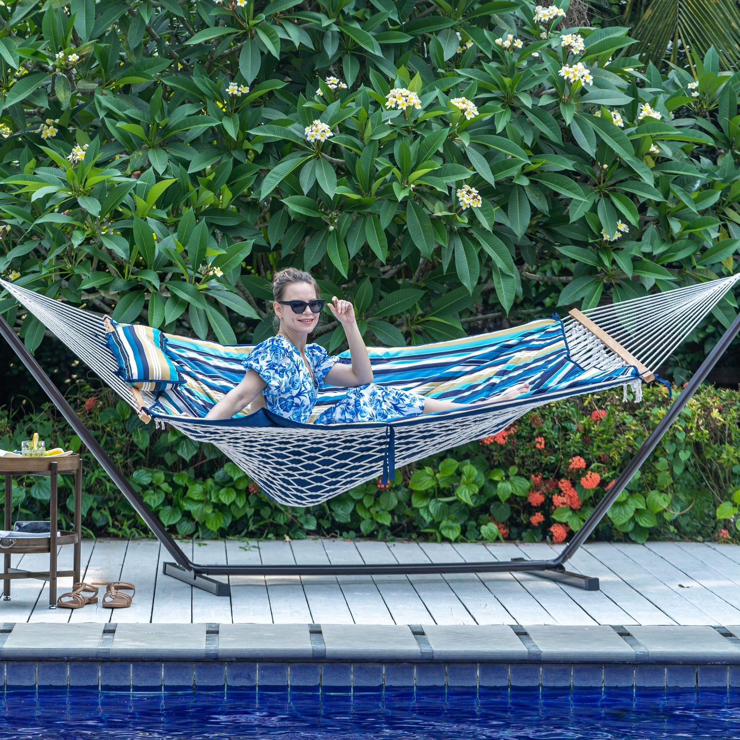 Lazy Daze Hammocks 2 Person Portable Hammock with 12FT Stand, Double Hand Woven Cotton Rope Hammock with Detachable Quilted Pad & Pillow for Outside, 450lb Capacity, Beach Stripes