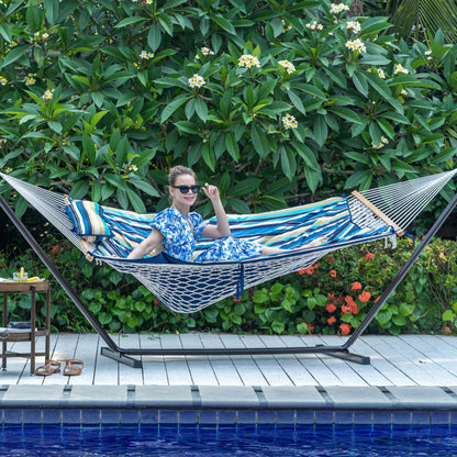 Lazy Daze Hammocks 2 Person Portable Hammock with 12FT Stand, Double Hand Woven Cotton Rope Hammock with Detachable Quilted Pad & Pillow for Outside, 450lb Capacity, Beach Stripes