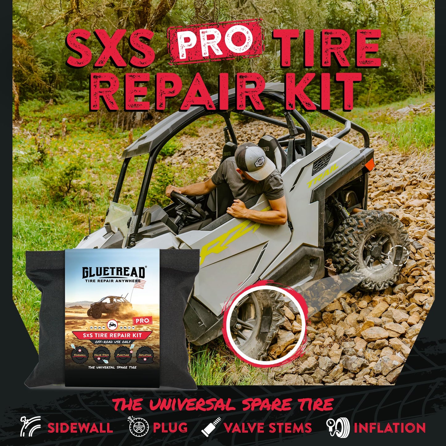 GlueTread SxS Pro Tire Repair Kit Ultimate Off-Road Tire Repair Kit Includes Sidewall Repair Patches, Colby Emergency Valve, Emergency Tire Plug Kit with 12 Plugs, T Handles and 8 CO2 Cartridges