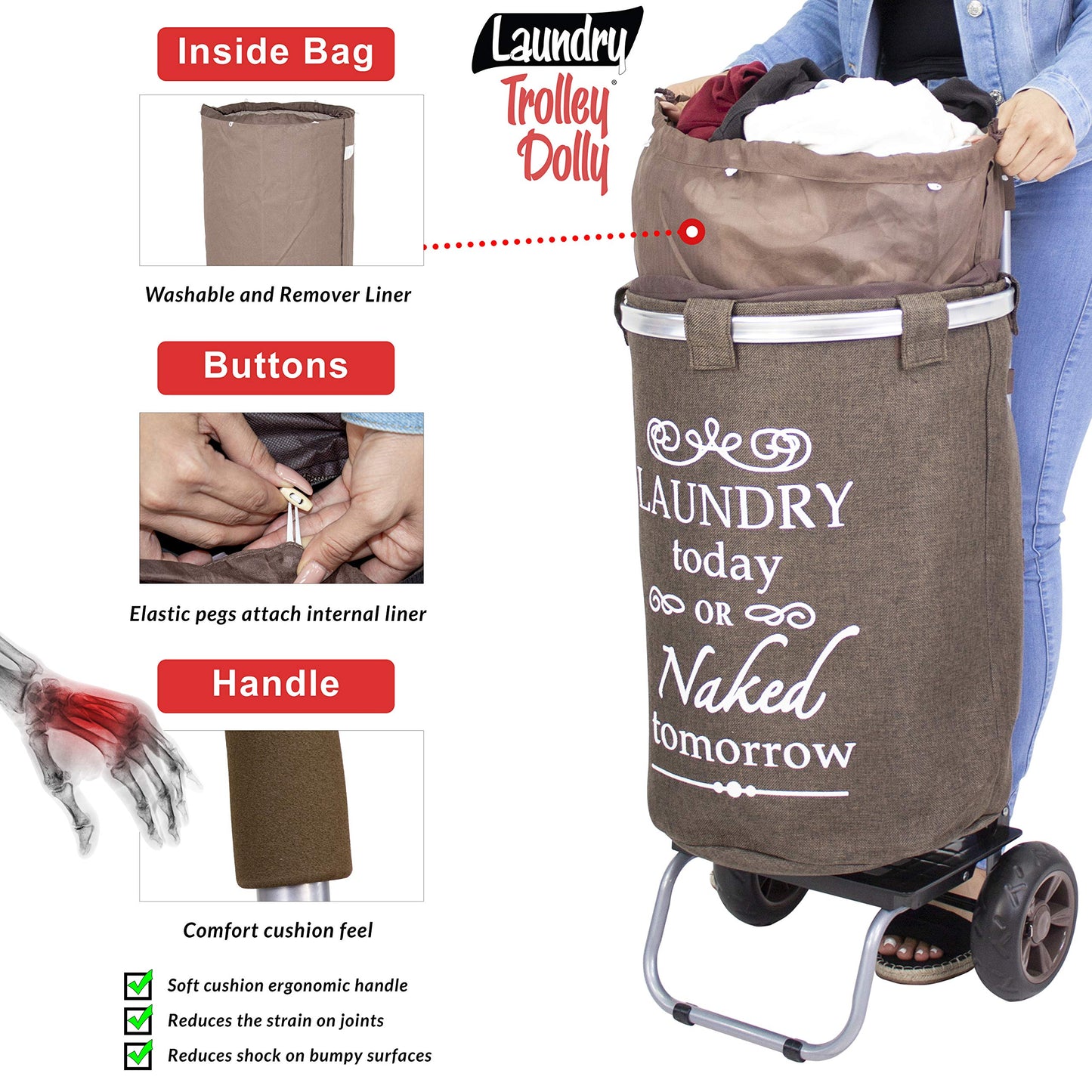 dbest products Laundry Trolley Dolly, Brown Laundry Bag Hamper Basket cart with wheels sorter