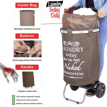 dbest products Laundry Trolley Dolly, Brown Laundry Bag Hamper Basket cart with wheels sorter
