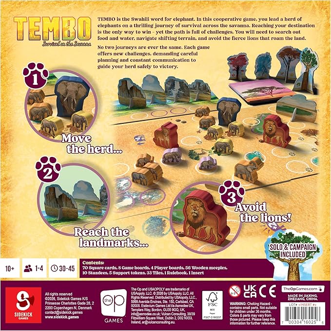 Tembo: Survival On The Savanna Board Game Guide Your Elephant Herd Across Dangerous Terrain A Cooperative Strategic Game for Families and Adults Solo Campaign Included 1-4 Players Ages 10+