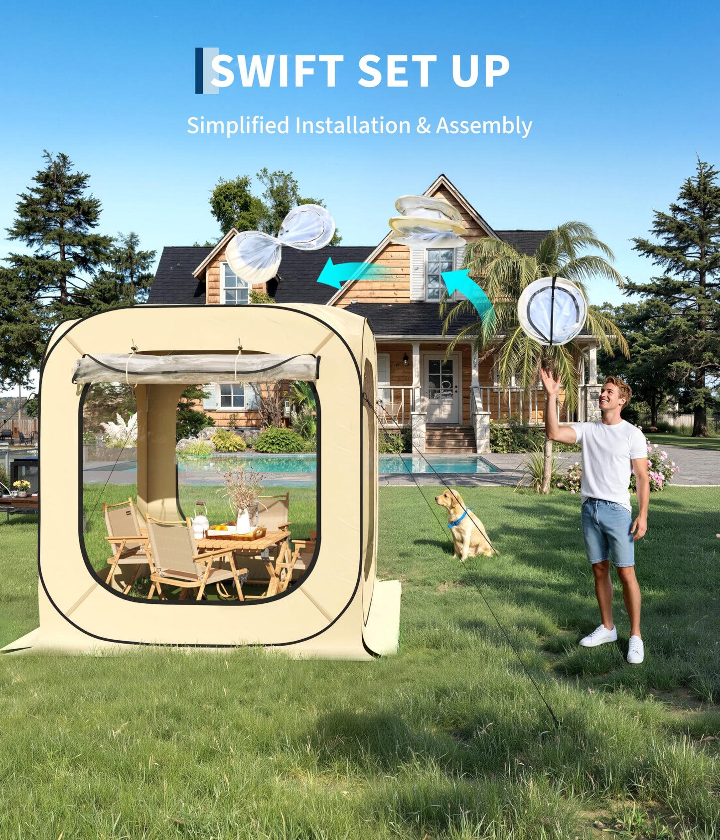 Pop Up Bubble Tent Tent, 3-4 Person Portable Screen House Room Instant Shelter, Clear Sport Rainproof Camping Sun Shelter Coldproof for Patio, Backyard, Deck, Sports Events, Beige