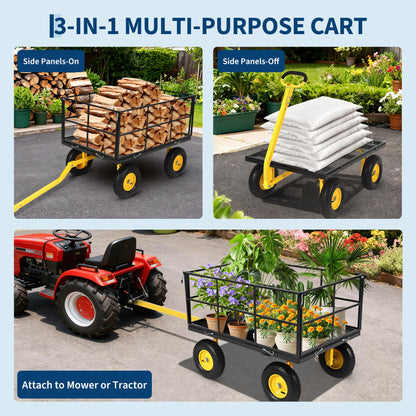 Heavy Duty 1500 Lbs Capacity Mesh Steel Garden Cart Folding Utility Wagon with Removable Sides, Garden Cart on Wheels for Gardening Soil, Tools, and Plant Transport