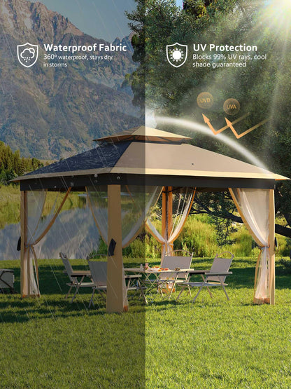Garveelife 11x11 Pop Up Gazebo Tent with Mosquito Netting, Outdoor Canopy Shelter Easy Setup, Water & UV Resistant - Khaki
