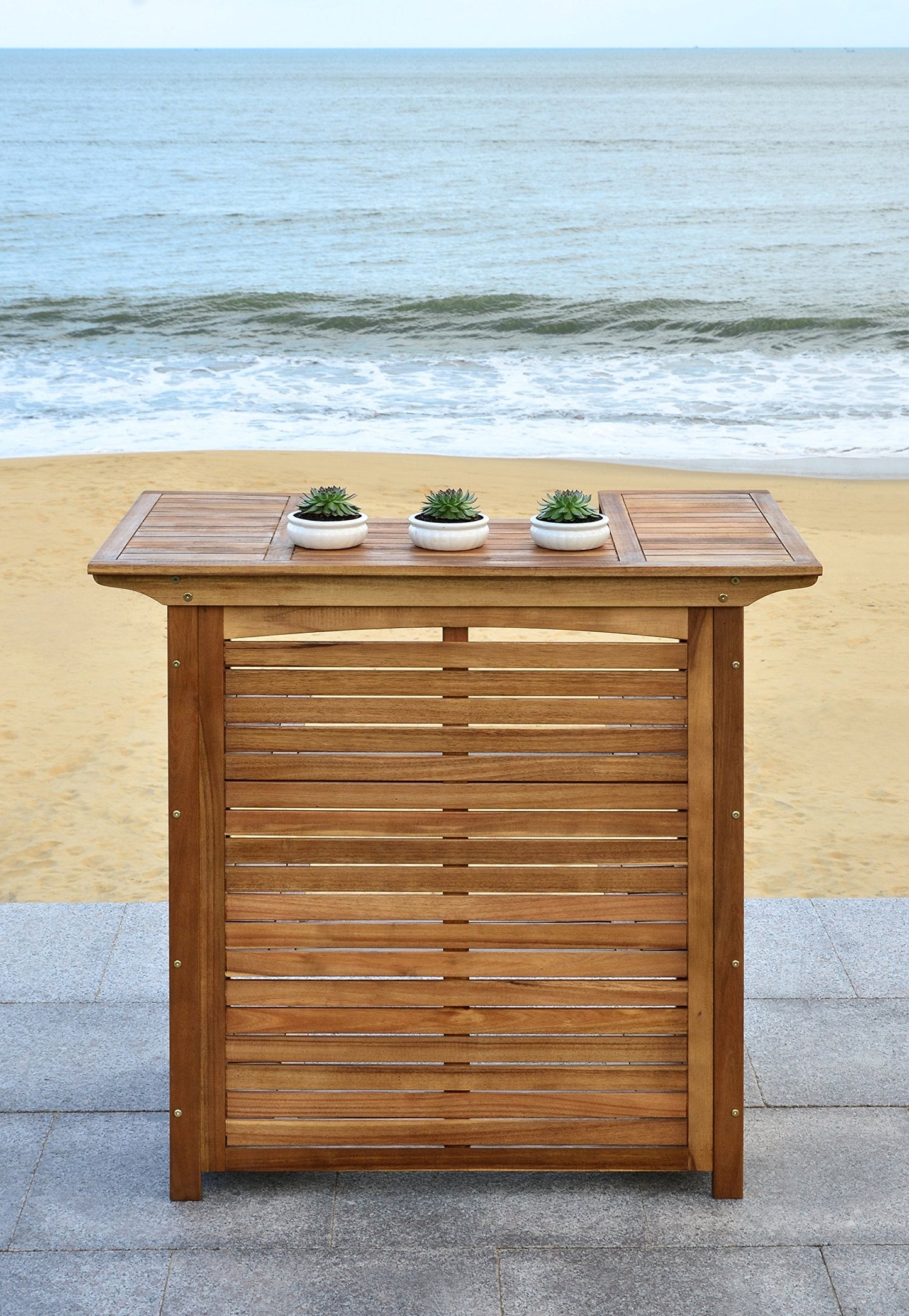 SAFAVIEH Outdoor - Monterey Natural Brown Acacia Wood Bar Table, Slatted Outdoor Bar Table with Storage Shelves, Patio Entertaining Station (PAT7011A)