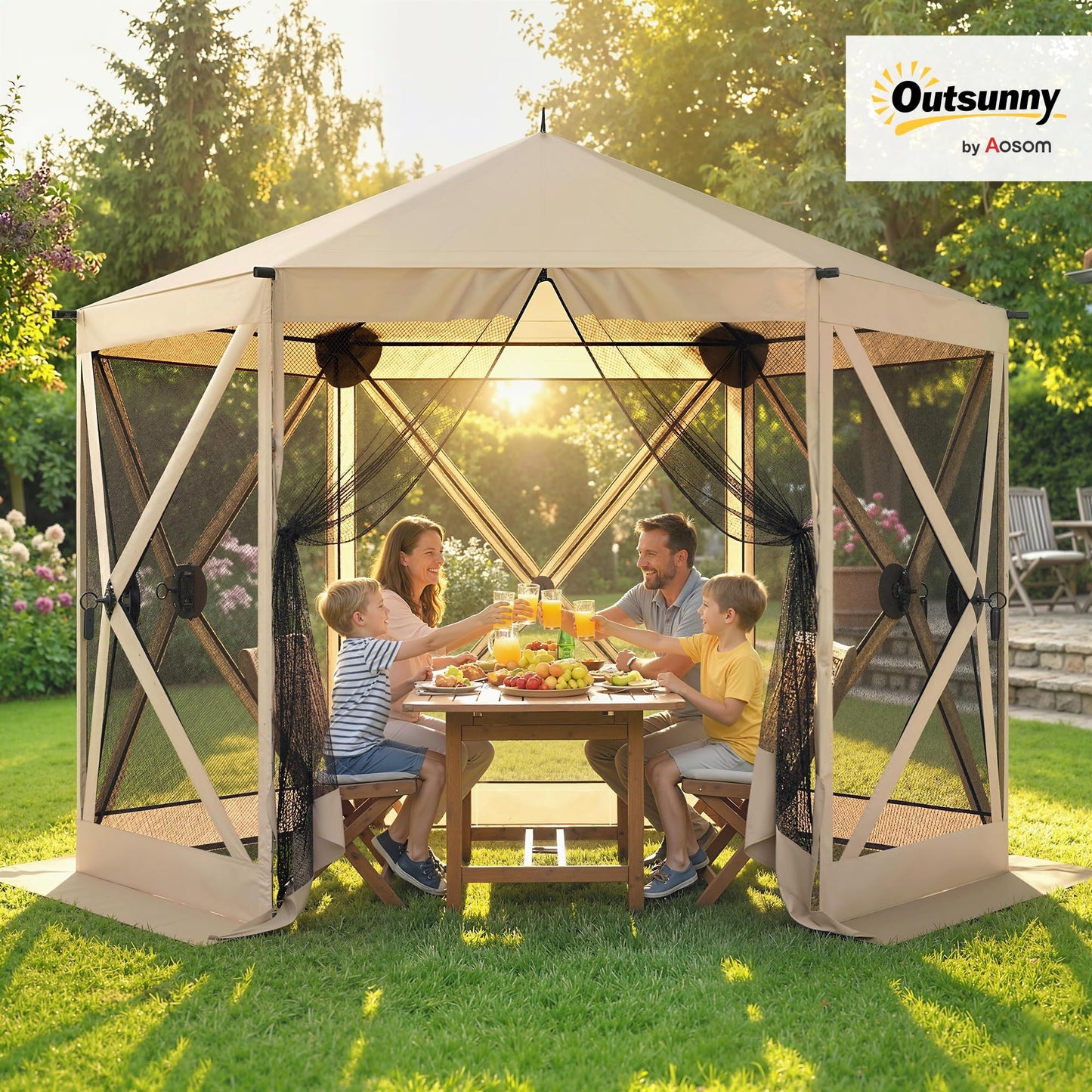 Outsunny 10 x 11 ft Pop Up Gazebo Screen Tent, Outdoor Portable Instant Camping Canopy Screen House Sun Shelter with Mesh Nettings, Carry Bag, Ground Stakes, Ropes for Patio, Backyard, Beige