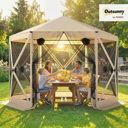 Outsunny 10 x 11 ft Pop Up Gazebo Screen Tent, Outdoor Portable Instant Camping Canopy Screen House Sun Shelter with Mesh Nettings, Carry Bag, Ground Stakes, Ropes for Patio, Backyard, Beige