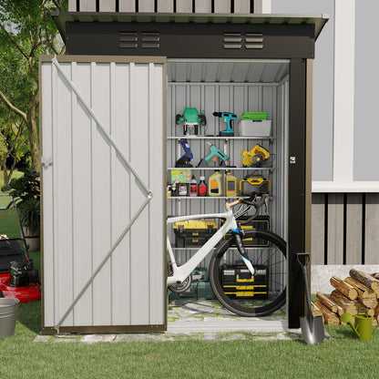 5x3Ft Outdoor Storage Shed, Metal Tool Shed with Lockable Door & Sloped Roof, Weatherproof, Compact Garden Storage Shed for Backyard, Patio, Lawn, or Tools & Equipment, Brown