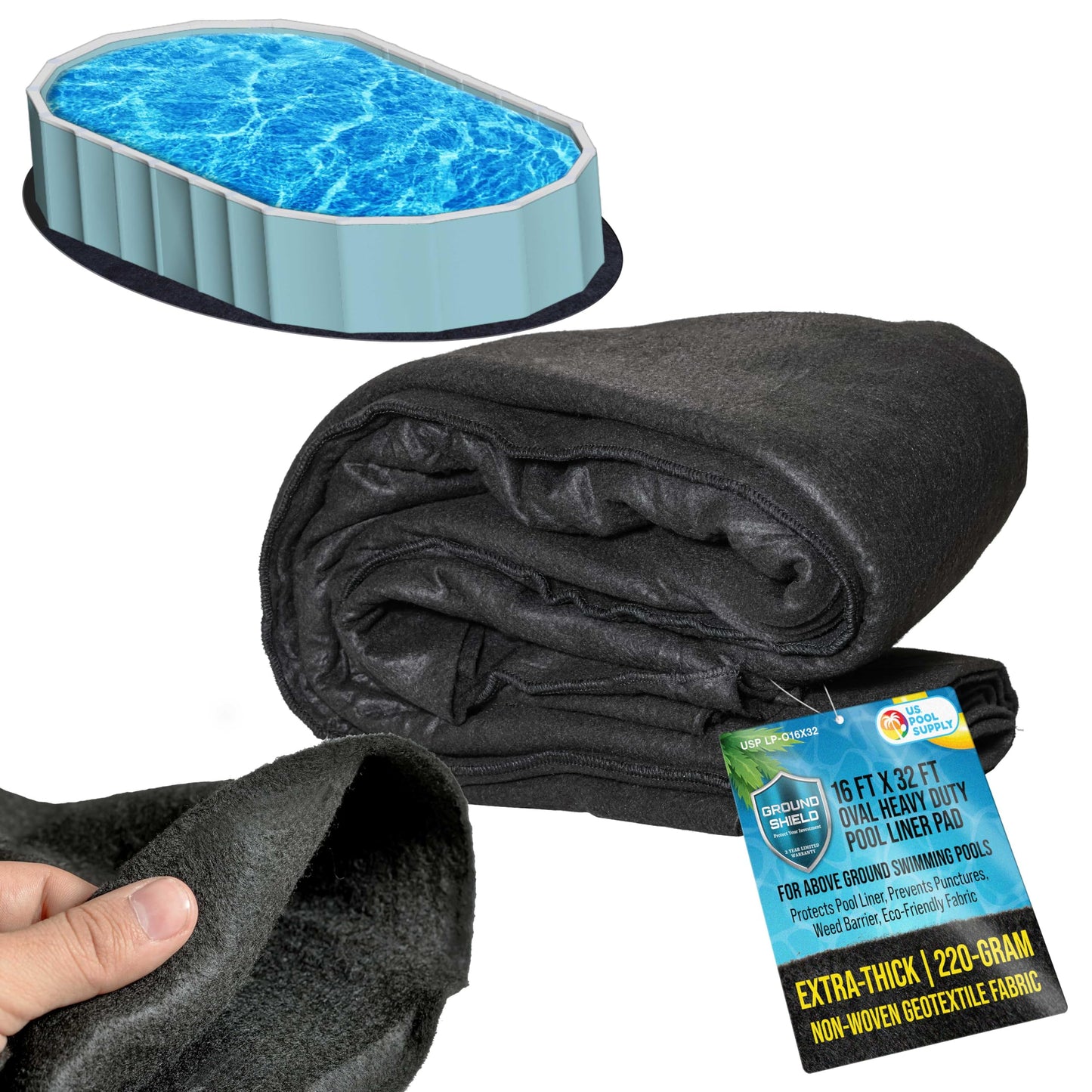 U.S. Pool Supply Ground Shield 16-Foot x 32-Foot Oval Heavy Duty Pool Liner Pad for Above Ground Swimming Pools - Protects Pool Liner, Prevents Punctures, Weed Barrier, Eco-Friendly Extends Liner Life