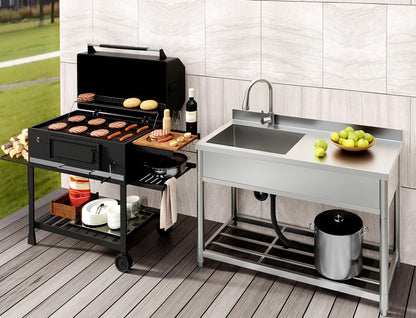 GGW Commercial Sink with Drainboard, Stainless Steel Utility Sink with Pull-out Faucet, Free Standing Single Bowl Kitchen Sink with Workbench for Restaurant, Garage, Outoor, 21.7"D x 47.2"W x 37"H