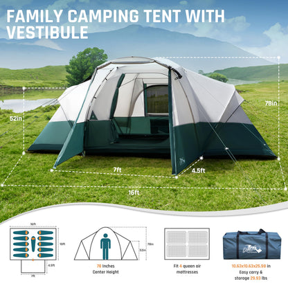 11 Person Camping Tent with Porch, Large Family Tents for Camping, PU1000MM Waterproof Tent with 5 Mesh Windows, Removable Rainfly, Reflective Windproof Rope, Big Dome Tent Fits 3 Queen Airbeds