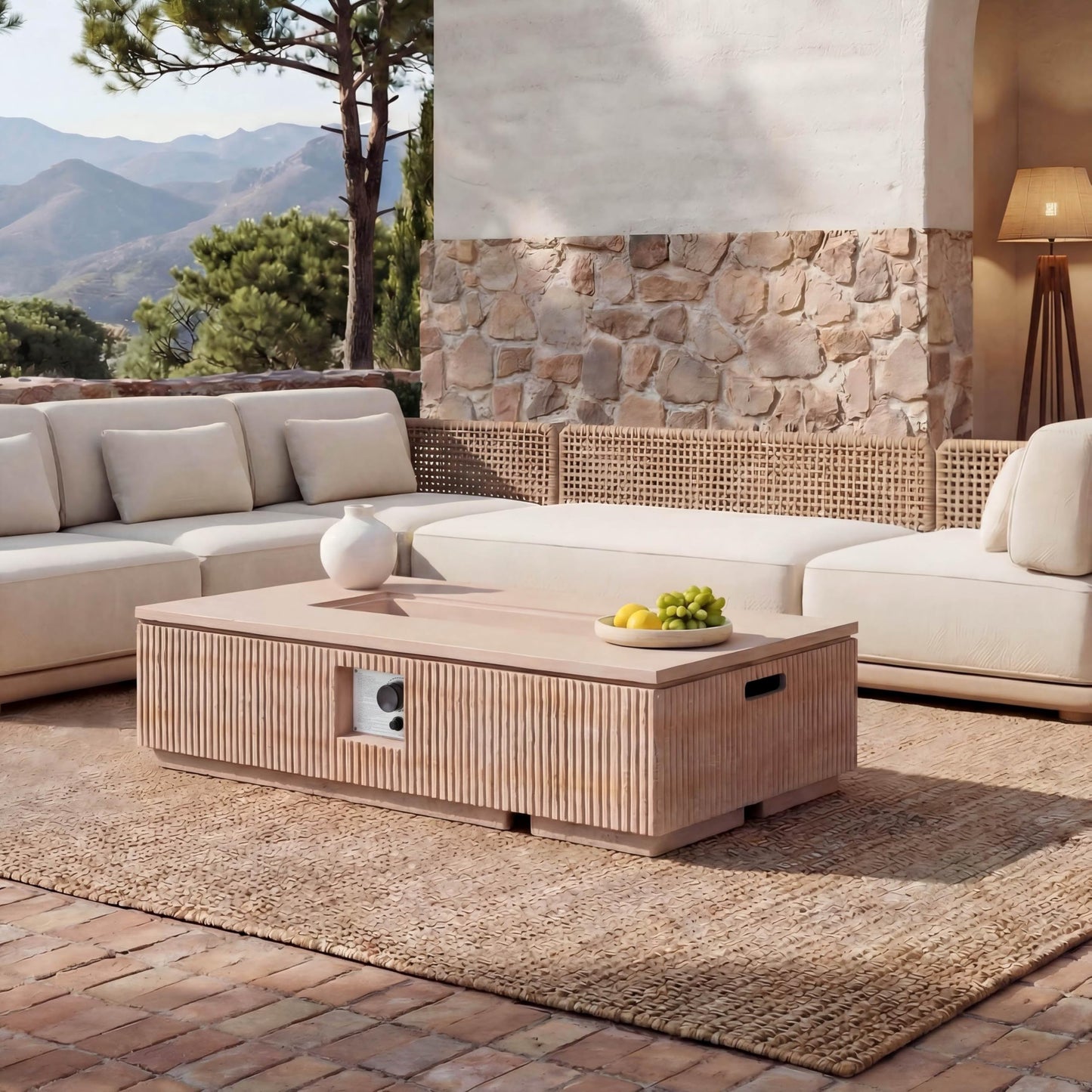 Christopher Knight Home Maloa Outdoor Propane Fire Pit Table with Lava Rock, No Assembly MGO Tank Table for Patio/Deck, 50000 BTU, MGO Rectangular Tabletop Fire Pit, Modern Patio Fire Table, Natural