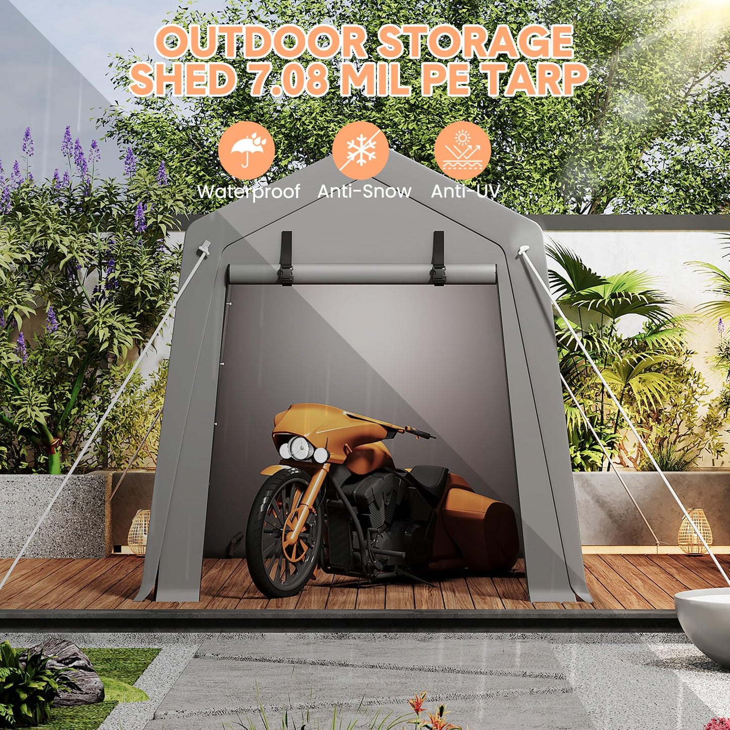 Portable Carport Storage Shed, 6' x 6' Motorcycle Tent, Waterproof & UV-Resistant with Roll-Up Zipper Doors, Gray Outdoor Shelter for Bikes, Tools & Equipment