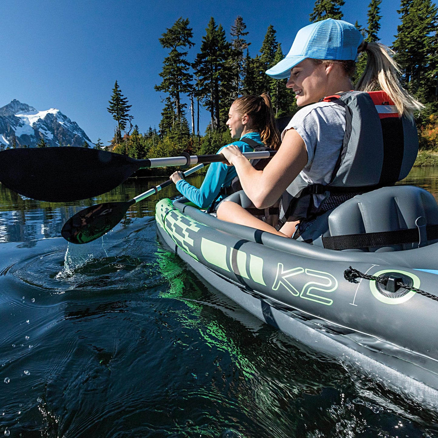 INTEX Challenger Inflatable Kayak Series: Includes Deluxe 86in Kayak Paddles and High-Output Pump – SuperStrong PVC – Adjustable Seat with Backrest – Removable Skeg – Cargo Storage Net