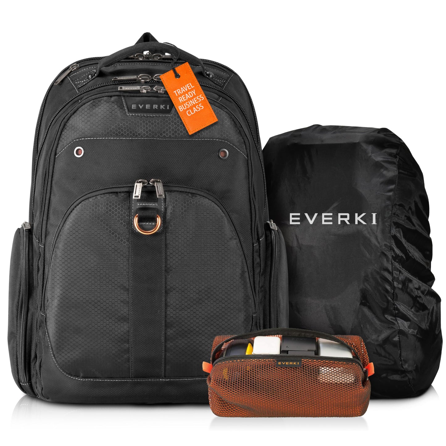EVERKI Atlas Business Laptop Backpack (EKP121S15) with Orange Accessory Pouch & Rain Cover - Men's Backpack with 11"-15.6" Compartment, 29.5L Capacity - Travel-Friendly Backpack, Pouch & Cover Bundle