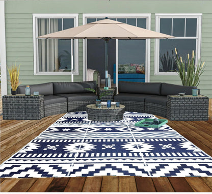 BalajeesUSA Outdoor Rugs–9x18 Plastic Patio Decor Grey Dark Blue, Durable and Affordable Recycled Straw Picnic All-Weather and Waterproof Reversible Camper Awning mats 7582