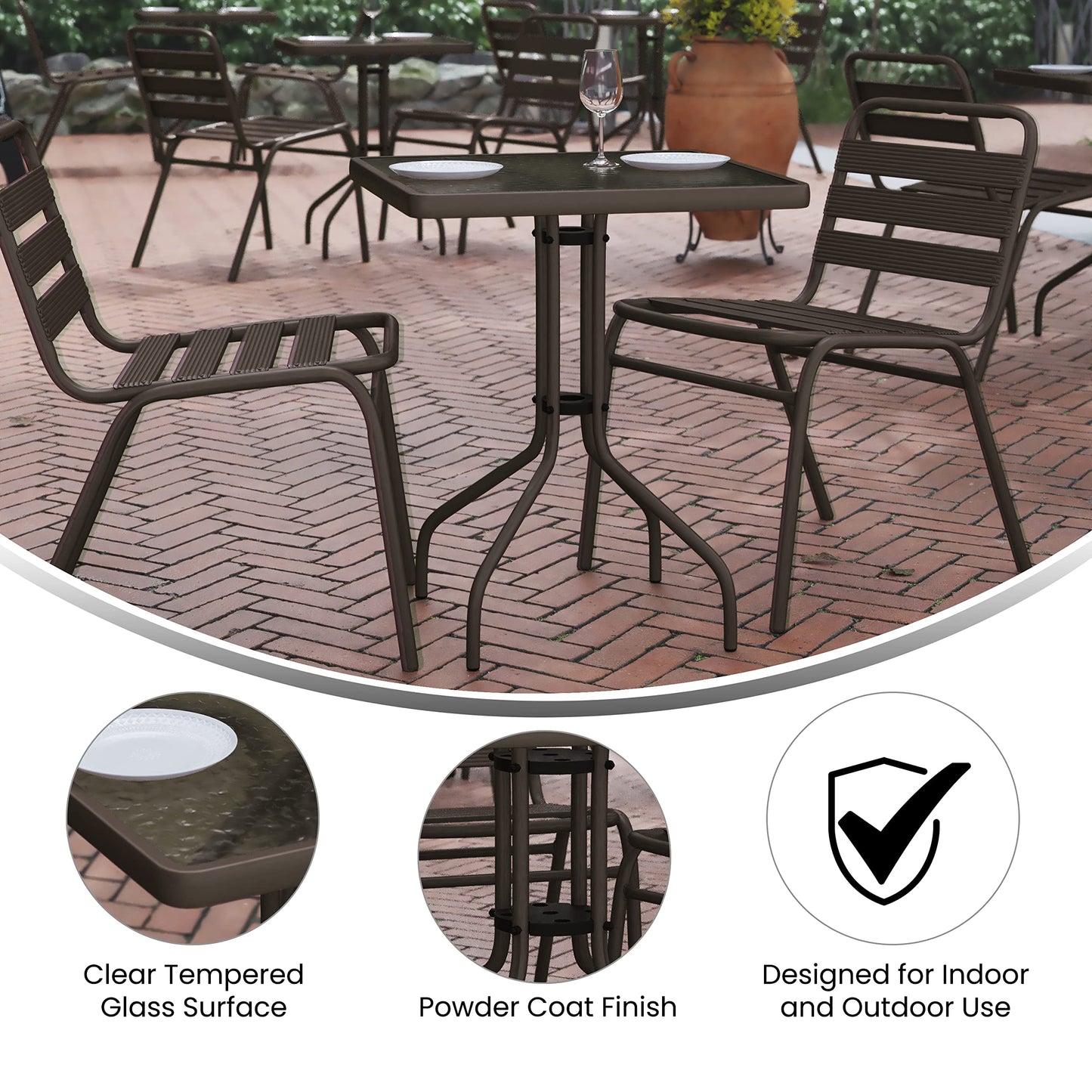 Flash Furniture TLH-0731SQ-017CBZ2-GG Lila 23.5'' Square Glass Table with 2 Metal Aluminum Slat Stack Chairs, Bronze