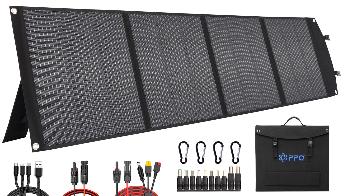 PPQ 200W Portable Solar Panel Kit 18V/12A,14lb Foldable Briefcase Solar Charger w/ 24% Efficiency, 3 Cables & 16 Outputs for All Camping Power Station, RV Battery, Phones, IP67 Waterproof